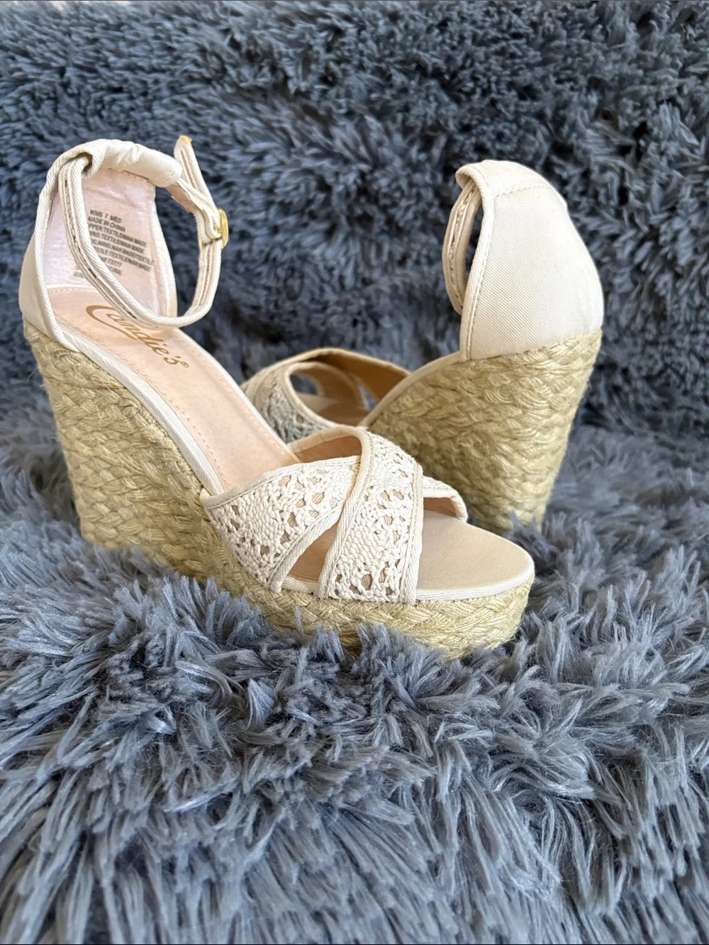Candie's Cream Crochet Espadrille Wedge Sandals with Jute Platform